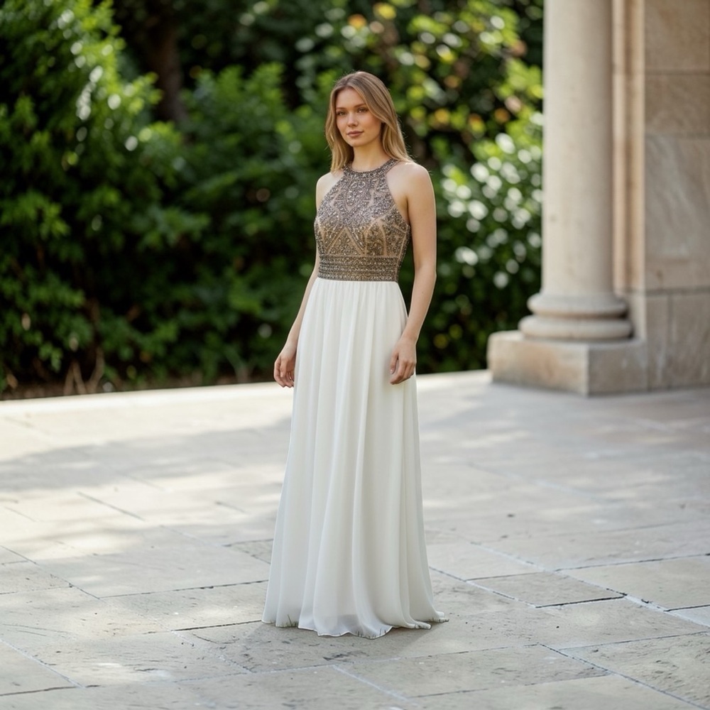 Prom dress . White skirt, gold beaded top. Sz 3